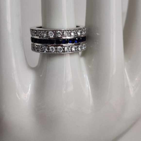 Dazzling Three Row Sterling Silver Band Ring 💍with CZ and Sapphires - Picture 8 of 15